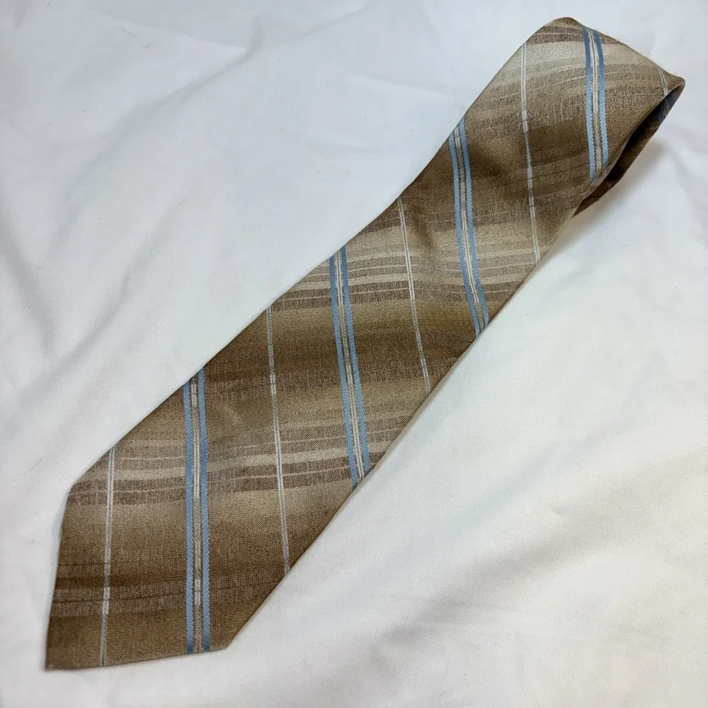 Vintage Cavalier Cravat Men's Tie 1970s‎ Brown Blue Striped Retro Poly USA MCM